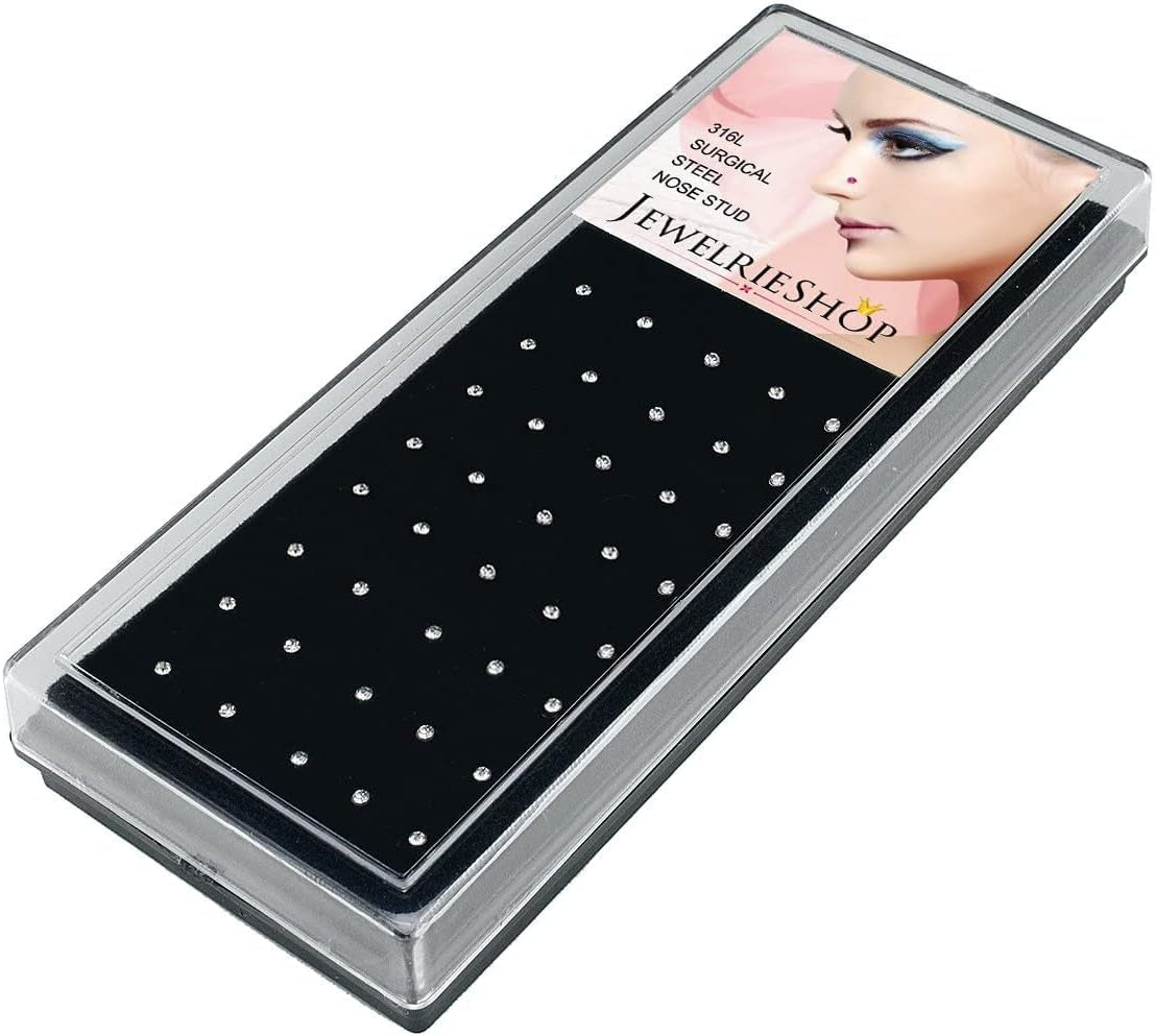 JEWELRIESHOP 40Pcs Nose Studs Stainless Steel CZ Nose Rings Pins Piercing Jewelry Bone Studs for Women Men Hypoallergenic 22G