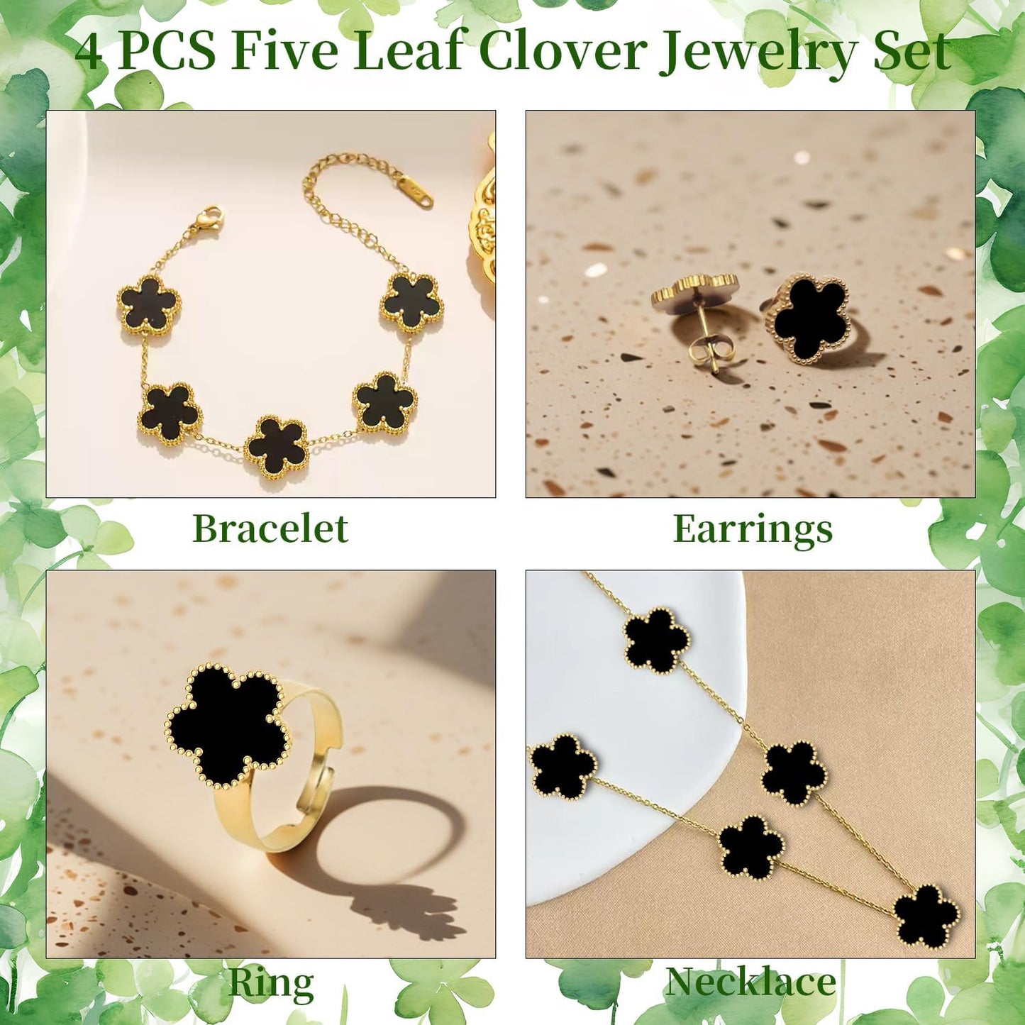 18K Gold Plated Clover Necklace Five Leaf Clover Bracelet Pendant Ring Earrings Set Fashion Flower Jewelry for Women Gifts