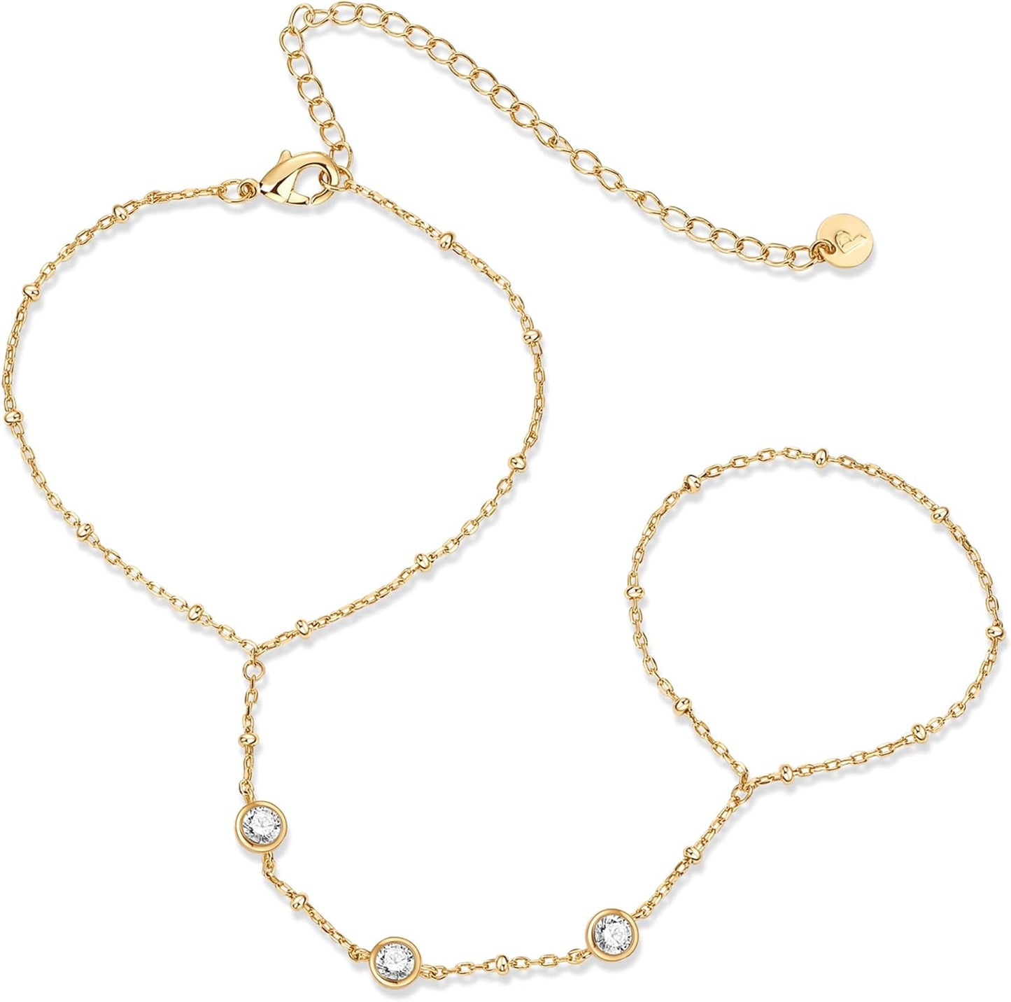 PAVOI 14K Gold Plated Hand Chains for Women - Adjustable Hand Chain Bracelet and Ring - Trendy Gold Handchain Bracelet Stack Summer Jewelry - Beads, Pearl, and Cubic Zirconia Body Jewelry