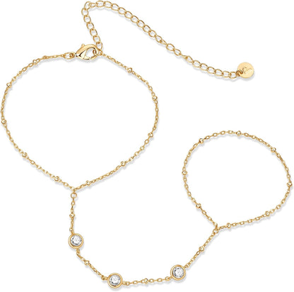 PAVOI 14K Gold Plated Hand Chains for Women - Adjustable Hand Chain Bracelet and Ring - Trendy Gold Handchain Bracelet Stack Summer Jewelry - Beads, Pearl, and Cubic Zirconia Body Jewelry