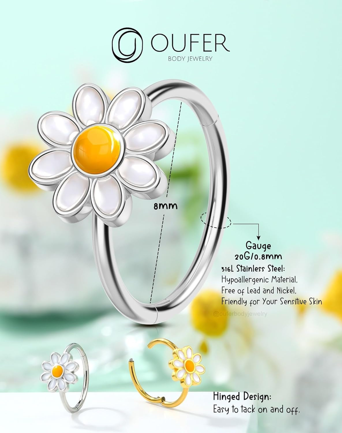 OUFER Nose Rings Hoops, 316L Surgical Steel Hinged Segment Nose Rings 20G, Silver Gold Nose Rings with Cute Daisy Design, Nose Nostril Piercing Jewelry for Women and Men