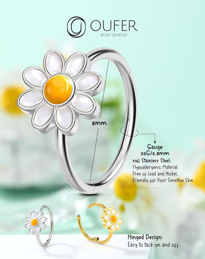 OUFER Nose Rings Hoops, 316L Surgical Steel Hinged Segment Nose Rings 20G, Silver Gold Nose Rings with Cute Daisy Design, Nose Nostril Piercing Jewelry for Women and Men