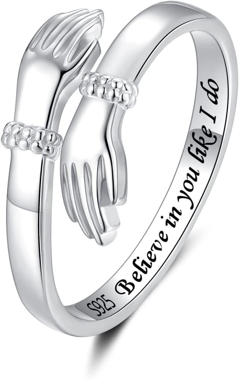 Step Forward Hug Ring for Women Sterling Silver, Adjustable Silver Hand Rings for Her, Birthday Anniversary Christmas Thanksgiving Day Gift Jewelry