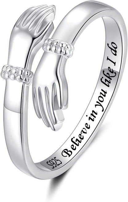 Step Forward Hug Ring for Women Sterling Silver, Adjustable Silver Hand Rings for Her, Birthday Anniversary Christmas Thanksgiving Day Gift Jewelry