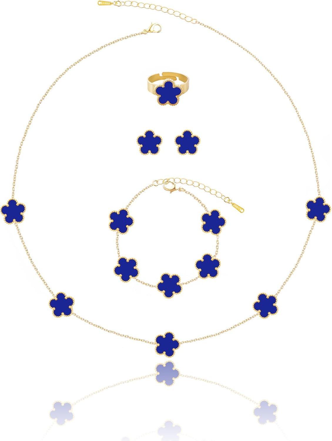 Gold Plated Five Leaf Clover Necklace Bracelet Rings and Stud Earrings Set for Women Lucky Flower Jewelry