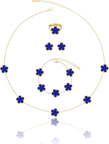 Gold Plated Five Leaf Clover Necklace Bracelet Rings and Stud Earrings Set for Women Lucky Flower Jewelry