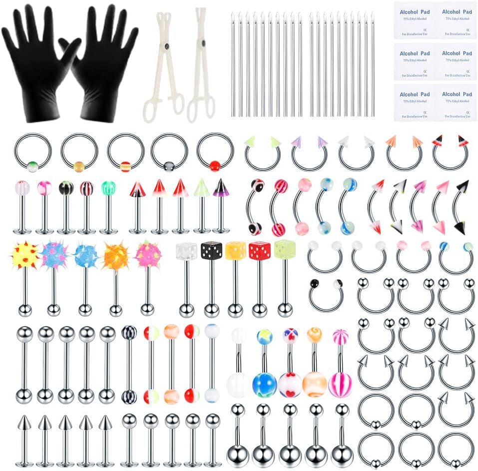 Xpircn Piercing Kit 316L Stainless Steel Belly Button Ring Ear Nose Septum Piercing Jewelry 20G 18G 16G 14G 12G Piercing Tools with Clamps Gloves for Body Piercing