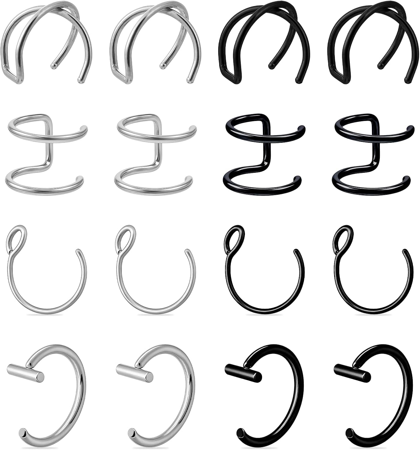 Fake Lip Piercing, 16 Pcs Stainless Steel Fake Lip Ring 8Mm Faux Nose Ring Non Piercing Hoop Nose Rings for Women Men (Silver, Black)