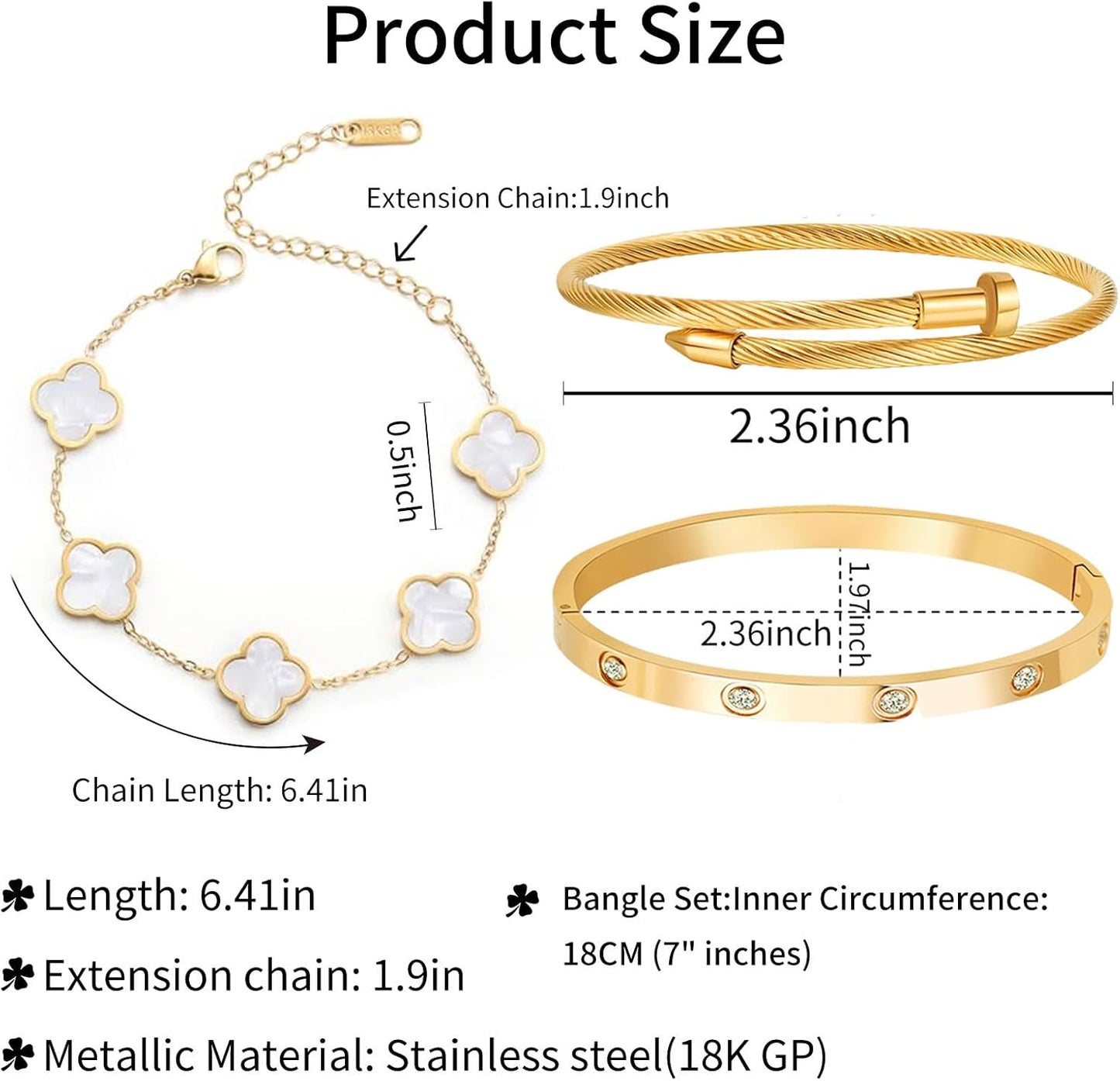 18K Gold Plated Four Leaf Clover Bracelet Bangle Set for Women Stack Bracelets Stainless Steel Bangle Set for Love Trendy Jewelry Gifts for Women (3 Sets(Bracelet,2Bangle))