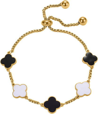 Clover Bracelet for Women 18K Gold Plated White/Black/Gold Flower Four Leaf Clover Bracelets Trendy Adjustable Jewelry Luky Gifts for Women