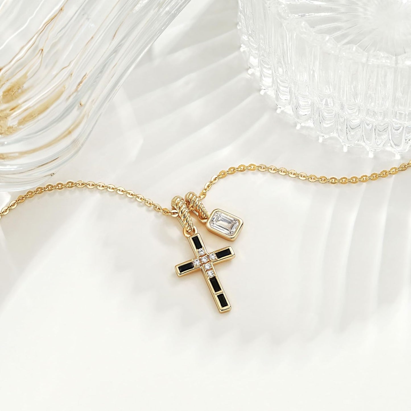 Fettero Gold Cross Necklace for Women - Double Pendant Necklace Dainty 14K Gold Plated Removable Cross Necklace Cute Simple CZ Diamond Necklaces for Women Trendy Faith Gold Jewelry Gift