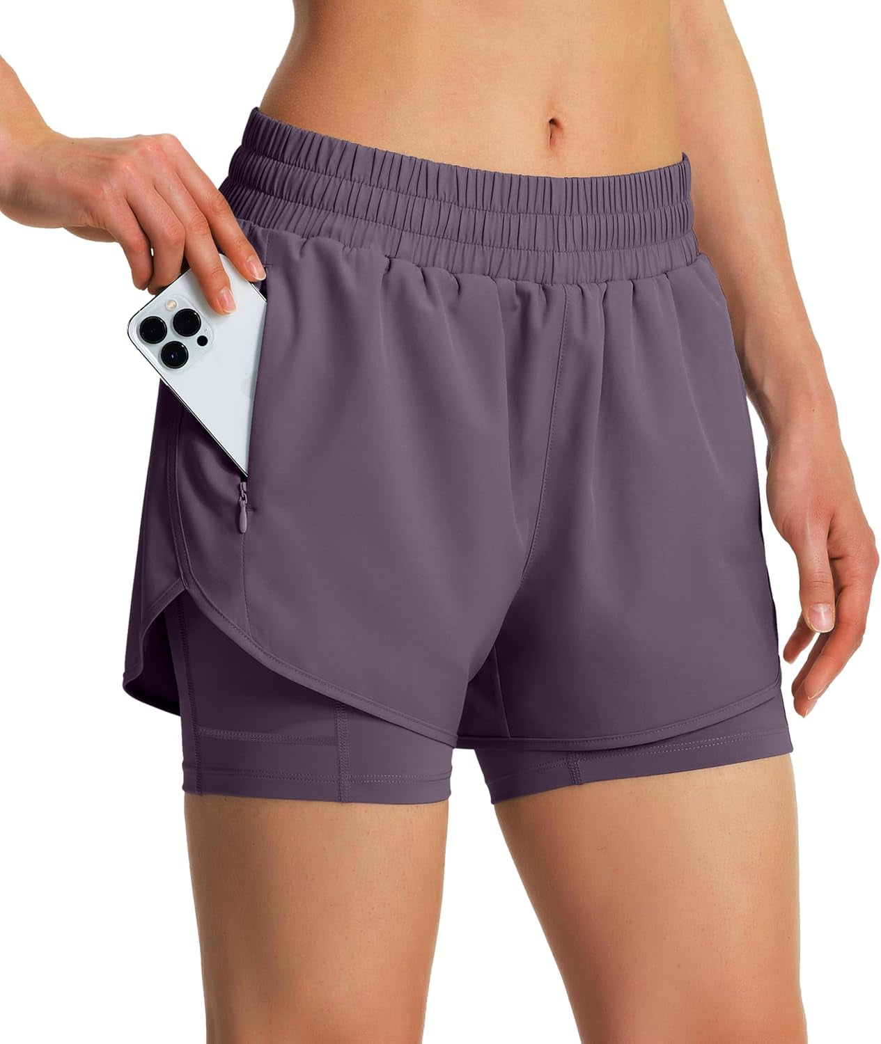 Ksmien Women'S 2 in 1 Running Shorts Quick Dry Athletic Gym Workout Shorts with Liner Phone Pockets