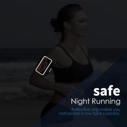 Water-resistant material detail on black running phone armband