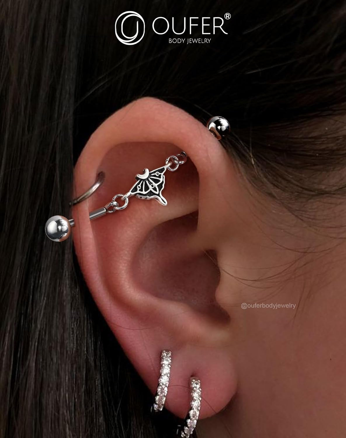 OUFER Moth Industrial Piercing Jewelry, Chain Industrial Bar, 316L Surgical Steel 14G Industrial Earrings for Women Men, Hallween Industrial Jewelry