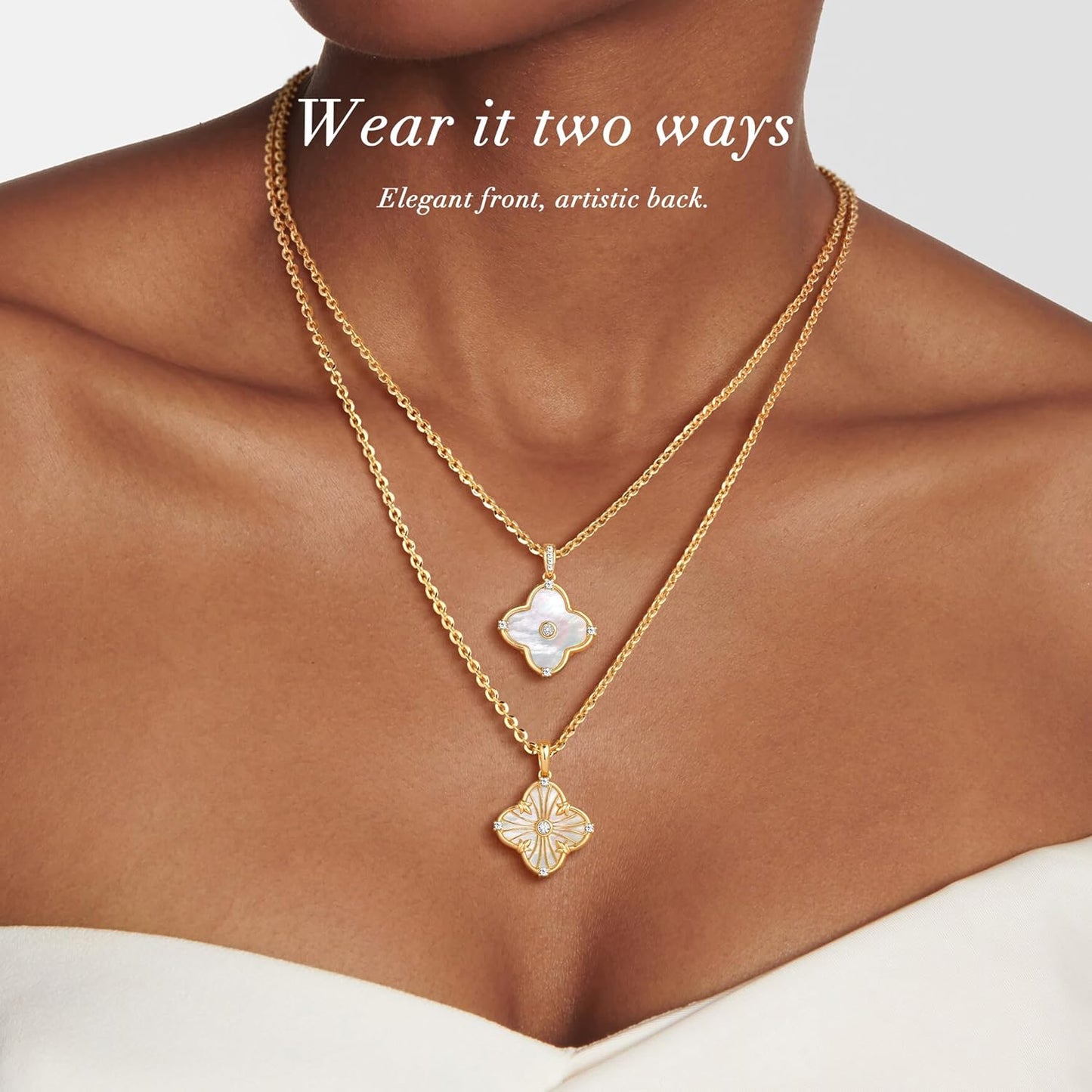 OSIANA Reversible Clover Necklace for Women 14K Gold Plated Natural Stone Four Leaf Pendant Necklaces Lucky Charm Jewelry