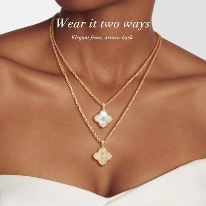 OSIANA Reversible Clover Necklace for Women 14K Gold Plated Natural Stone Four Leaf Pendant Necklaces Lucky Charm Jewelry