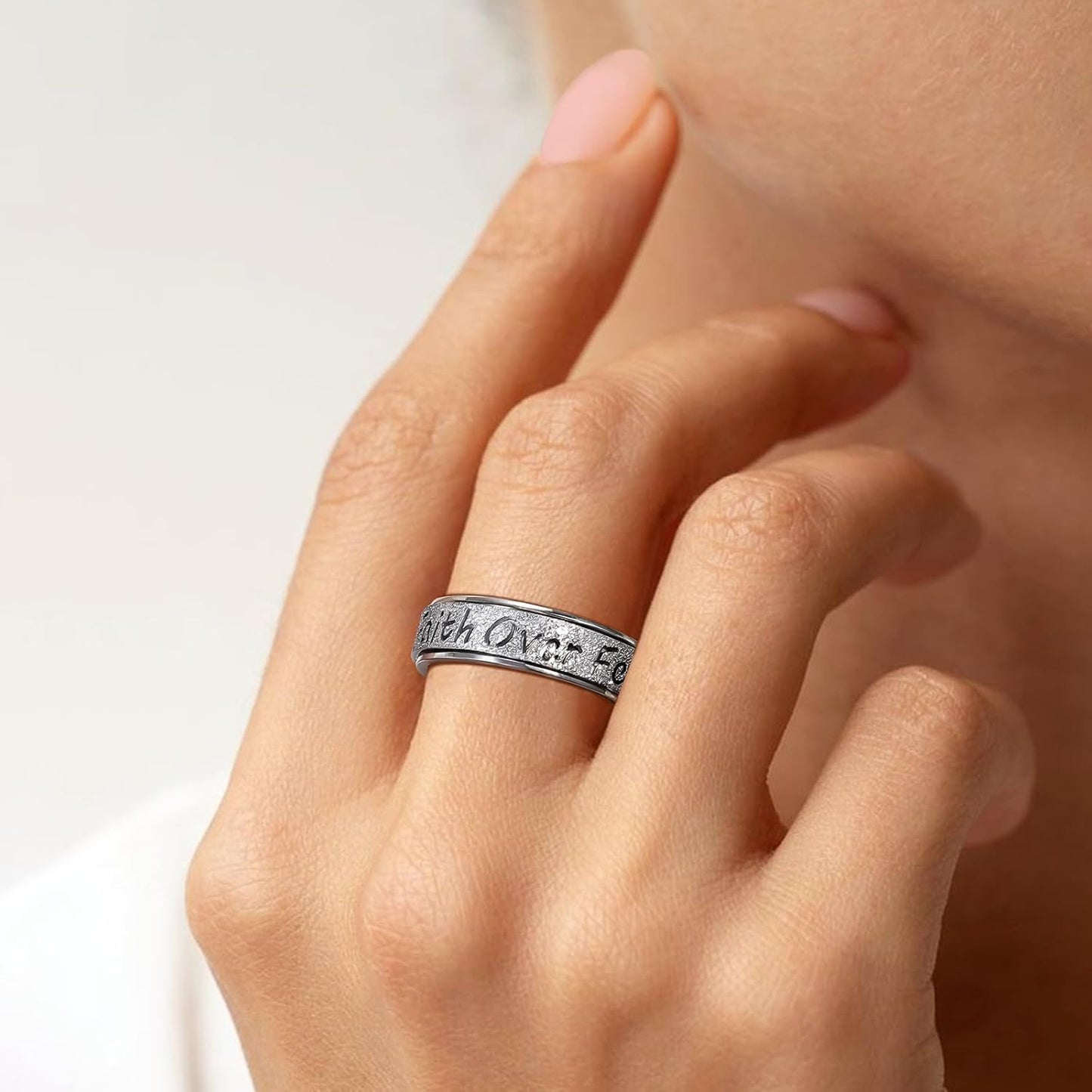 Fidget Spinner Ring for Women - Faith over Fear Stainless Steel Anxiety Relief Rings for Adults, Christian Inspirational Hope Thumb Ring for Stress & Focus, Jewelry Gift for Women Men