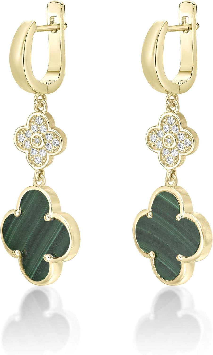 Lavari Jewelers Flower Dangle Drop Earrings for Women - Black Onyx Green Malachite or Mother of Pearl & Cubic Zirconia in 925 Sterling Silver Clover - Hypoallergenic Gold Plated - Secure Hinge Post