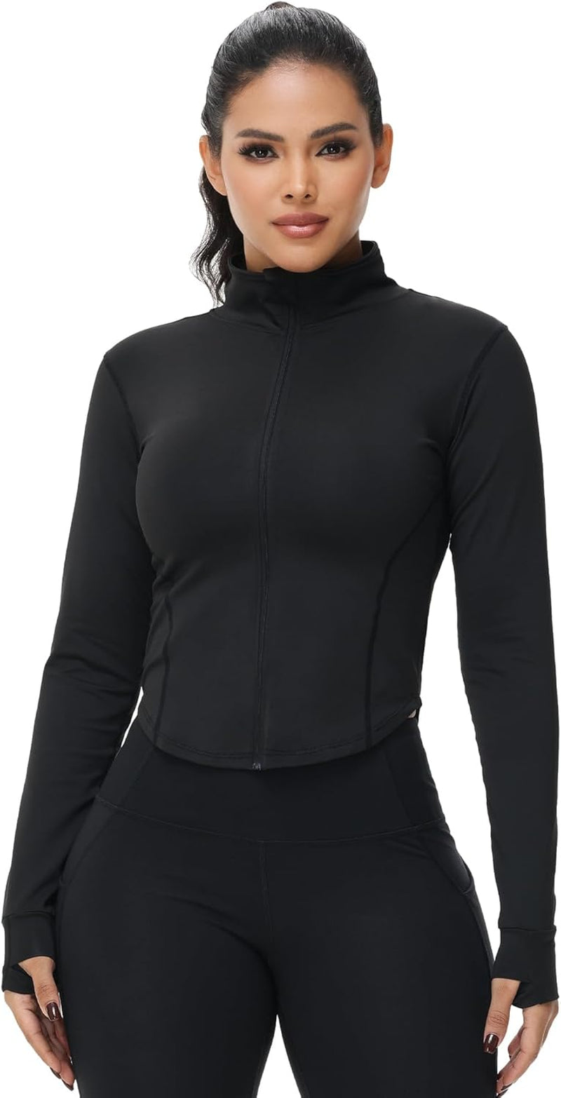 Close-up of full zip closure and thumb hole detail on athletic jacket