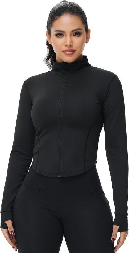 Close-up of full zip closure and thumb hole detail on athletic jacket