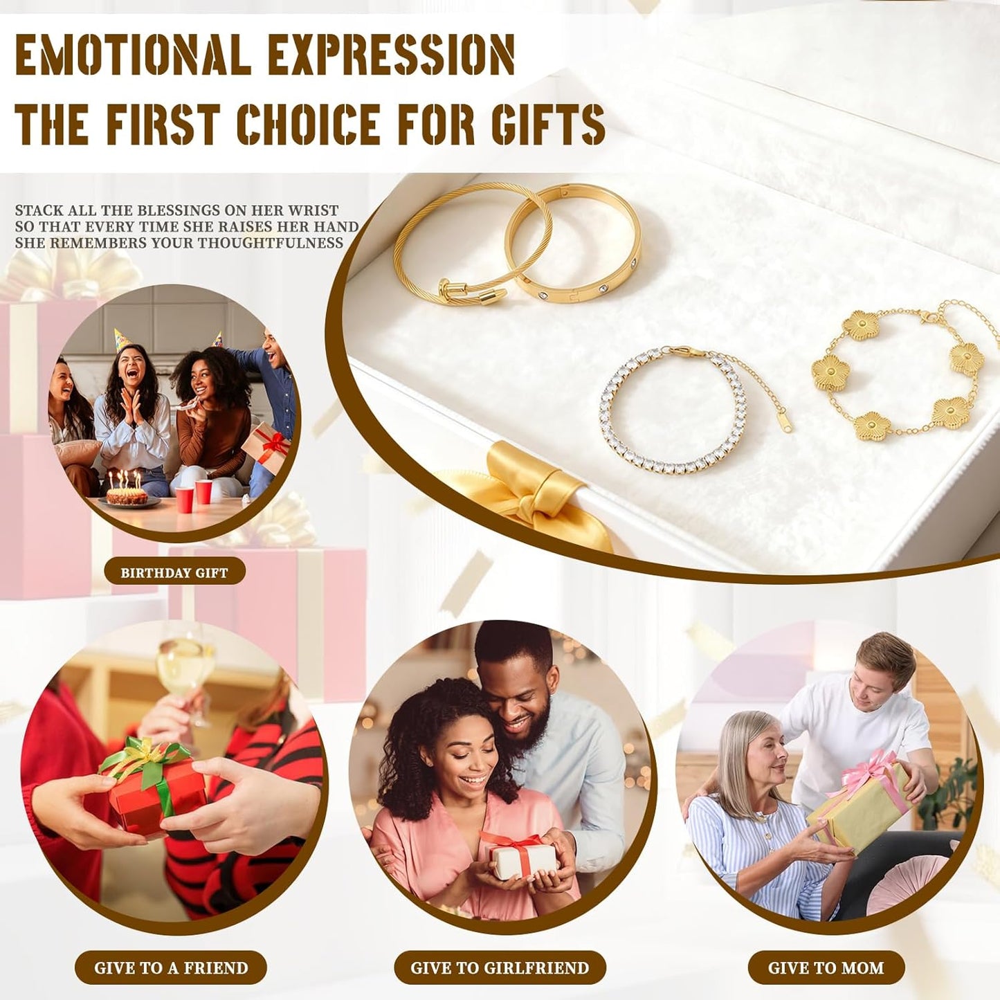 4PCS Women'S Stackable Floral Bracelets Set, 18K Gold Plated Clover & Tennis & Nail & Love Bangle Bracelets,Adjustable Trendy Jewelry, Gifts for Mother'S Day, Birthday Gifts for Girlfriend