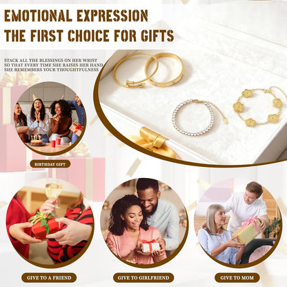 4PCS Women'S Stackable Floral Bracelets Set, 18K Gold Plated Clover & Tennis & Nail & Love Bangle Bracelets,Adjustable Trendy Jewelry, Gifts for Mother'S Day, Birthday Gifts for Girlfriend
