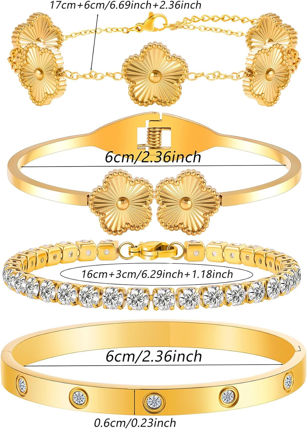 18K Gold Bracelets for Women - Clover Cuff & Cubic Zirconia Tennis Bangle Set - Non-Tarnish Stainless Steel Jewelry Gift for Valentine‘S, Christmas & Mother’S Day