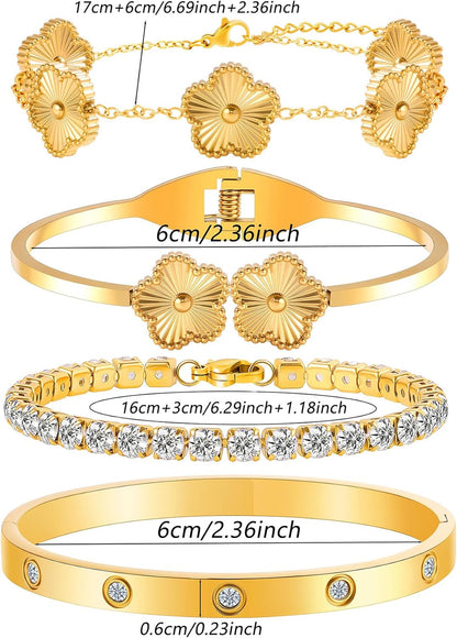 18K Gold Bracelets for Women - Clover Cuff & Cubic Zirconia Tennis Bangle Set - Non-Tarnish Stainless Steel Jewelry Gift for Valentine‘S, Christmas & Mother’S Day