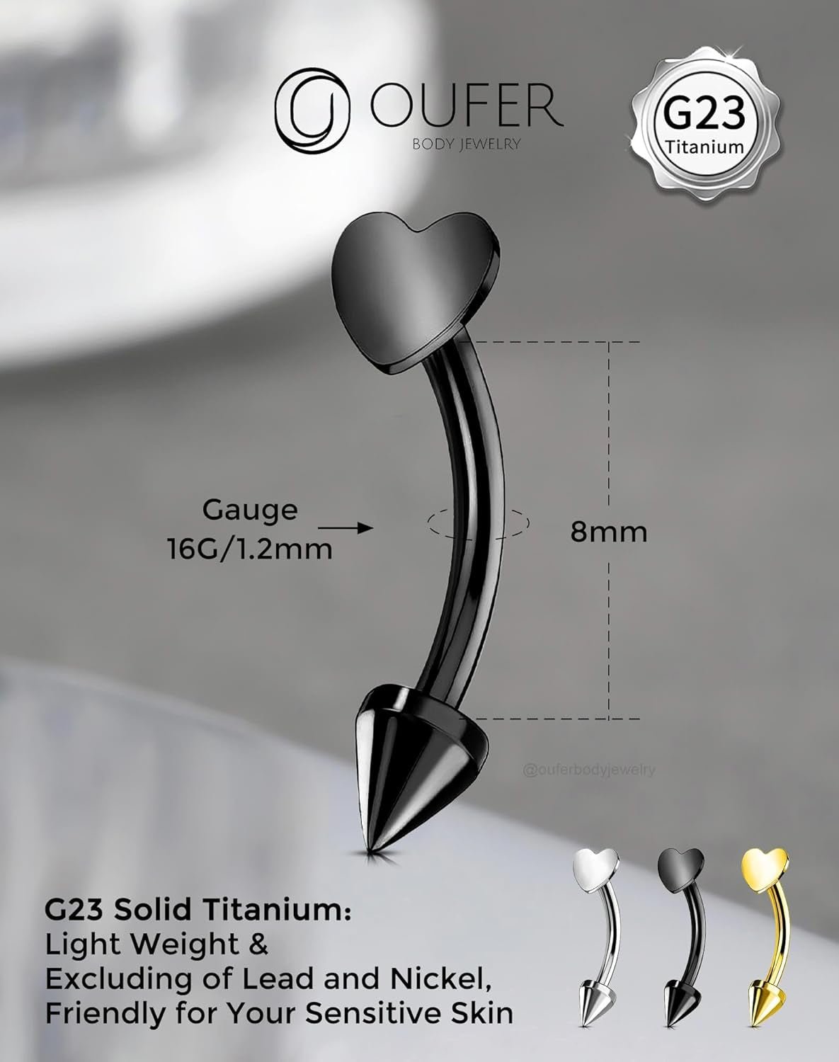 OUFER Rook Piercing Jewelry, G23 Solid Titanium Eyebrow Rings, Heart Vertical Labret Lip Jewelry, 16G Curved Barbells, Daith Rook Earrings for Women Men