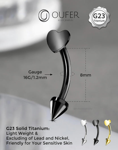 OUFER Rook Piercing Jewelry, G23 Solid Titanium Eyebrow Rings, Heart Vertical Labret Lip Jewelry, 16G Curved Barbells, Daith Rook Earrings for Women Men