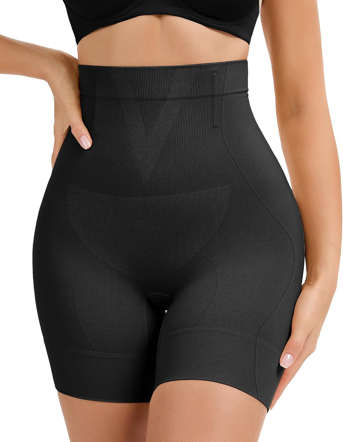 High waisted tummy control shapewear shorts in beige on model