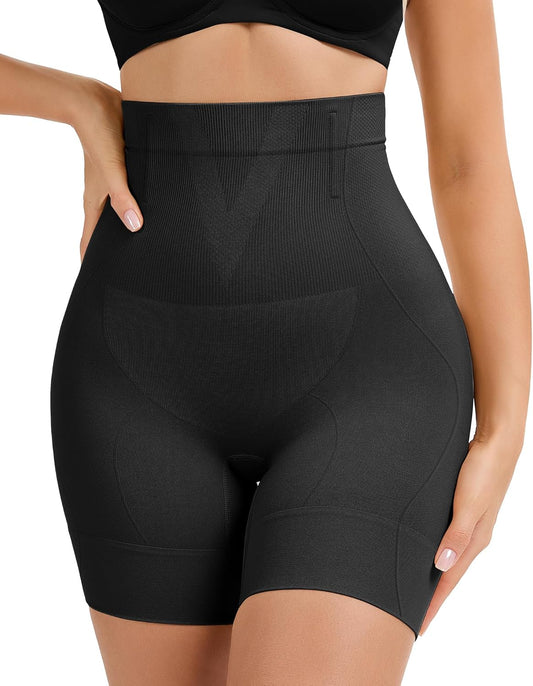 High waisted tummy control shapewear shorts in beige on model