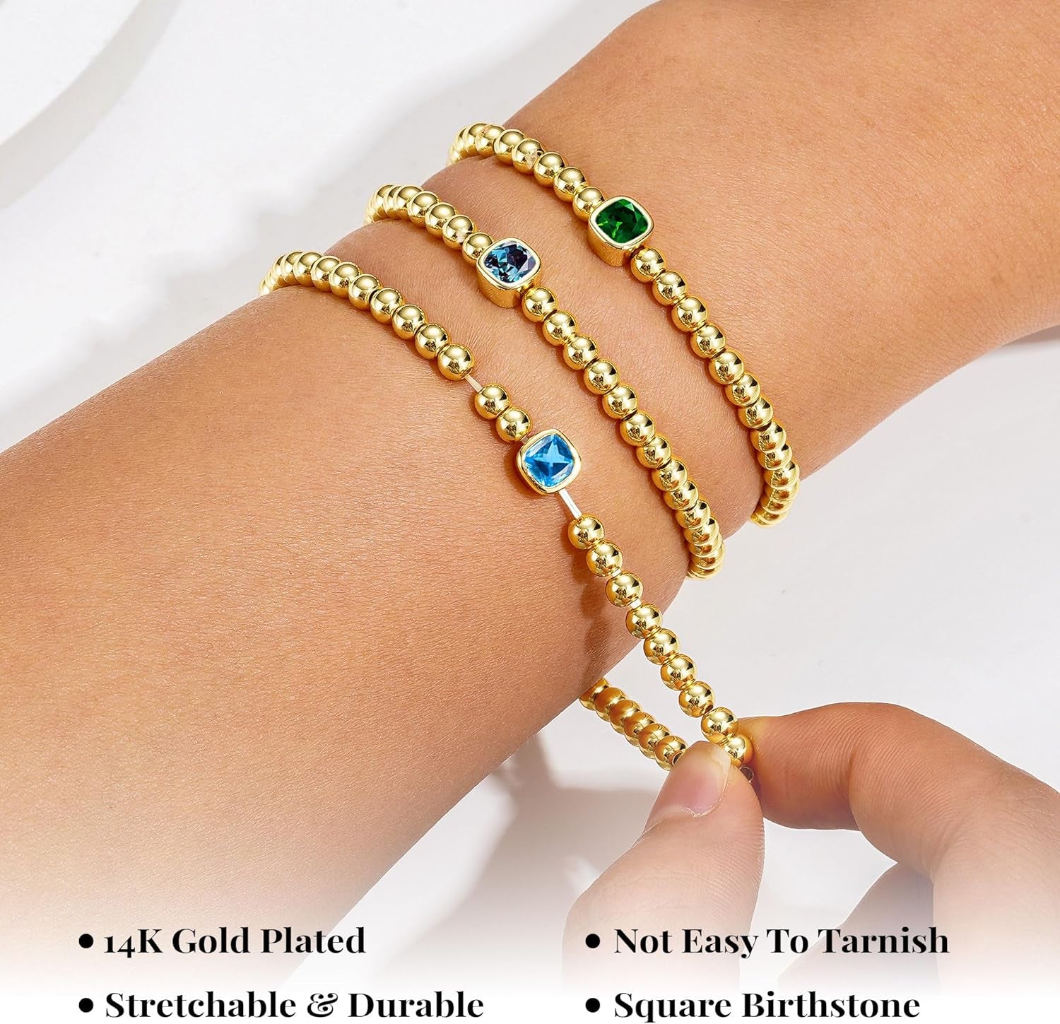 Turandoss Birthstone Bracelets for Women - Dainty Elastic 14K Gold Plated Beaded Square Birthstone Bracelets Trendy Waterproof Friendship Birthday Jewelry Gifts for Women Girls
