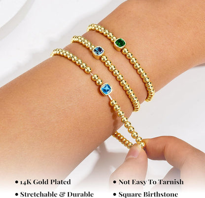 Turandoss Birthstone Bracelets for Women - Dainty Elastic 14K Gold Plated Beaded Square Birthstone Bracelets Trendy Waterproof Friendship Birthday Jewelry Gifts for Women Girls