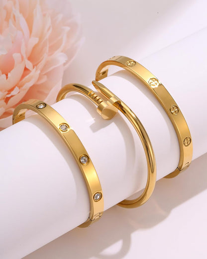 18K Gold Plated Stainless Steel Love Nail Bangle Clover Bracelet Set Stackable Dupes for Love Trendy Jewelry