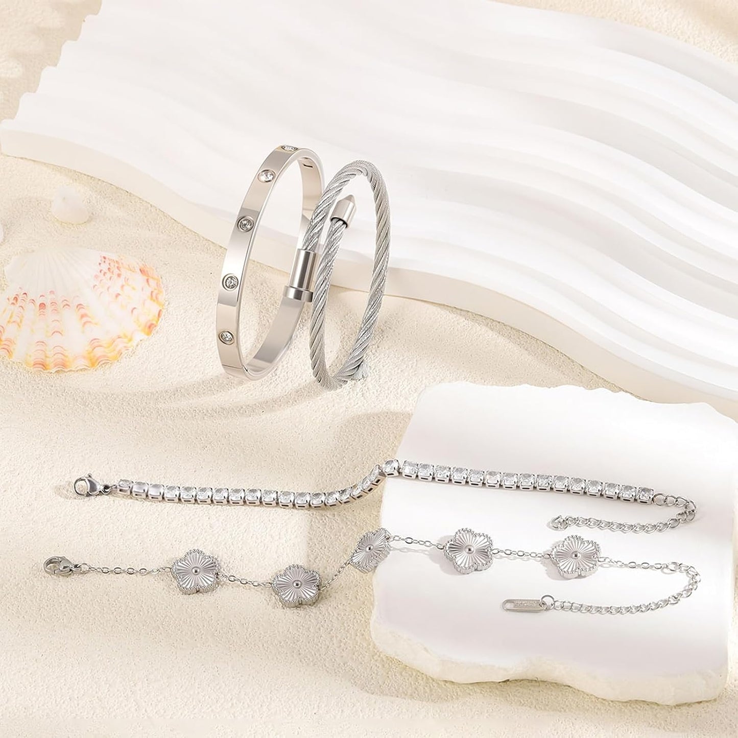 Gold Bracelets for Women-4Pcs 18K Gold Plated Love Bangle Tennis Clover Nail Bracelets Stack Set for Women Trendy Non Tarnish Stainless Steel Gold Bangles Accessories Designer Jewelry