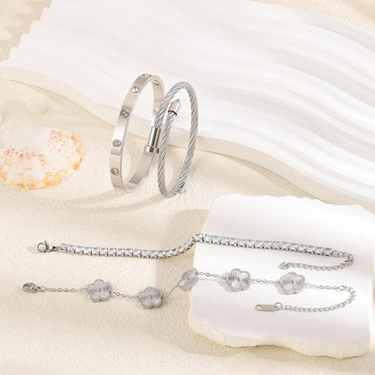 Gold Bracelets for Women-4Pcs 18K Gold Plated Love Bangle Tennis Clover Nail Bracelets Stack Set for Women Trendy Non Tarnish Stainless Steel Gold Bangles Accessories Designer Jewelry