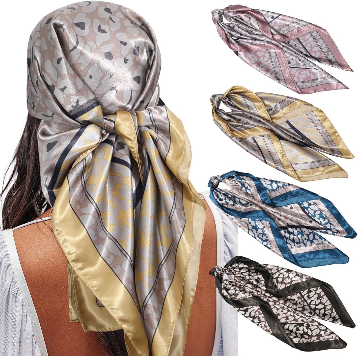 AWAYTR 35” Satin Large Square Head Scarves - 4PCS Silk like Neck Scarf Hair Sleeping Wraps Satin Silk Scarfs for Women