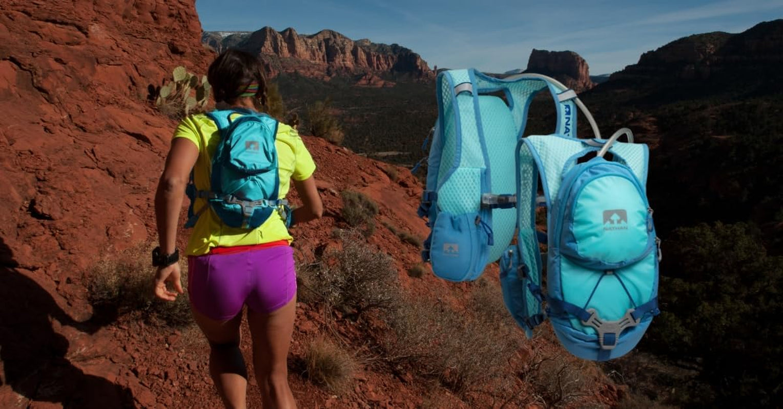 Nathan hydration pack worn during trail running with proper fit
