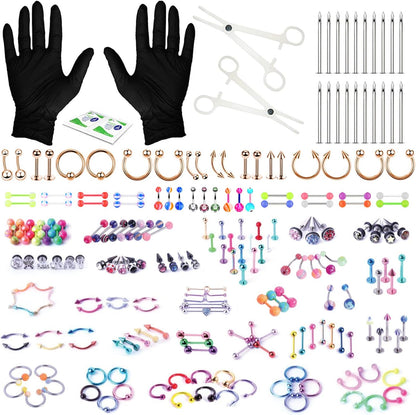 Bodyj4You 156PC Body Piercing Kit - 14G 16G 18G 20G - Belly Ring Nose Septum Tragus Ear Cartilage Industrial - Horseshoe Ring Hoop Barbell Stud Spike - Random Mix Jewelry