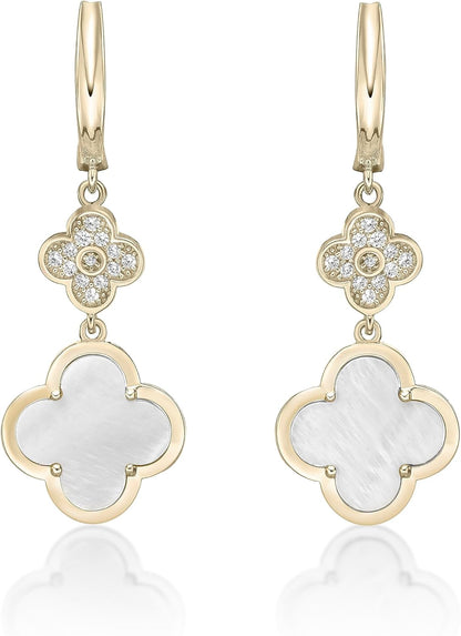 Lavari Jewelers Flower Dangle Drop Earrings for Women - Black Onyx Green Malachite or Mother of Pearl & Cubic Zirconia in 925 Sterling Silver Clover - Hypoallergenic Gold Plated - Secure Hinge Post