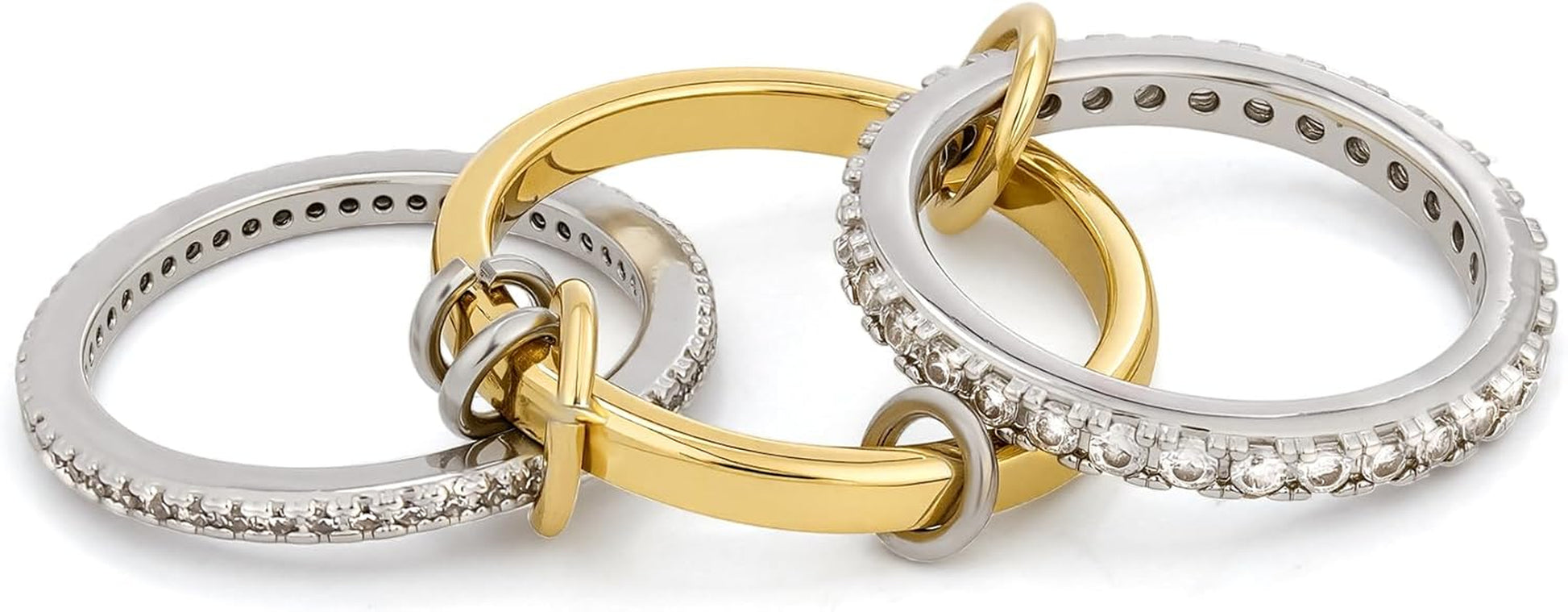 18K Gold Plated Stackable Rings for Women Non Tarnish, 3 Rings Interlocking Ring Stack Set with Cubic Zirconia, Dainty Statement Connected Mixed Metal Ring Band for Women