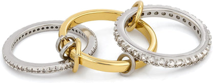 18K Gold Plated Stackable Rings for Women Non Tarnish, 3 Rings Interlocking Ring Stack Set with Cubic Zirconia, Dainty Statement Connected Mixed Metal Ring Band for Women