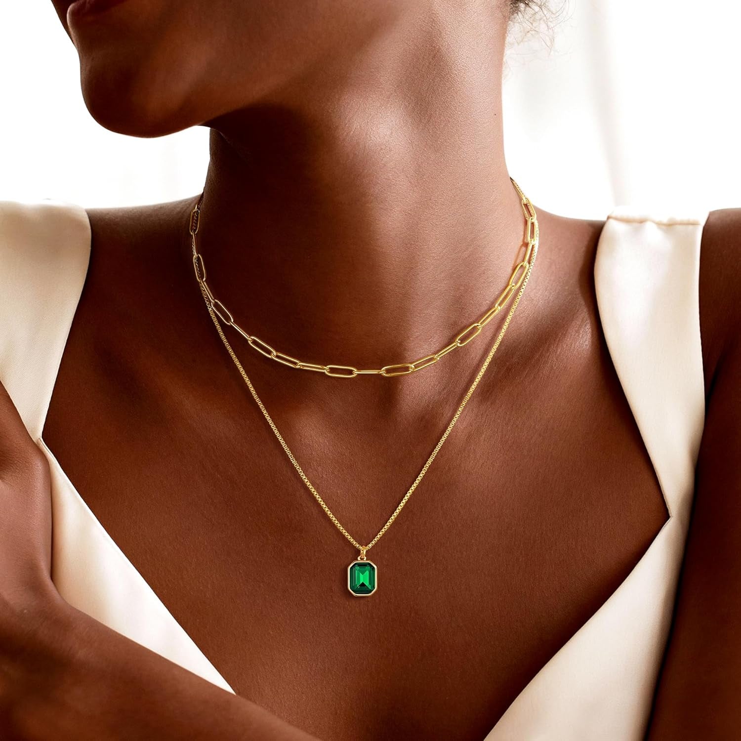 Christmas Gifts for Women Teen Girls - Birthstone Necklace for Women Girls Dainty Layered Gold Necklace for Women with 12 Month Rectangle Birthstone Pendant Paperclip Box Chain Choker Necklace