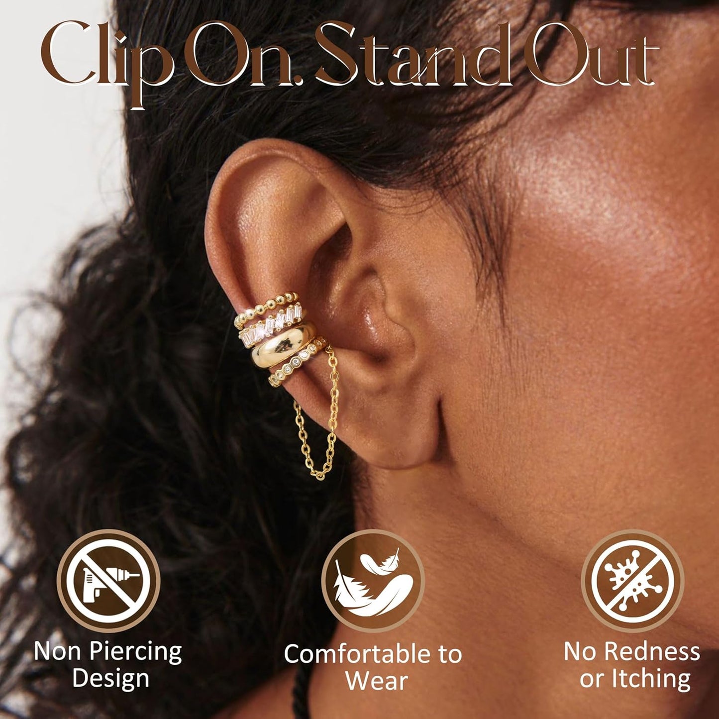 Florideco 4Pcs Ear Cuffs Non-Piercing for Women Dainty 14K Gold Plated Clip on Cartilage Earrings Hypoallergenic Huggie Hoop Cuffs Fake Earings for Non Pierced Ears