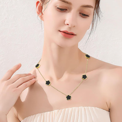 Double-Sided Clover Jewelry Set - 18K Gold Plated Flower Design Five Leaf Clover Bracelet Pendant Necklace and Stud Earrings for Women.Lucky Gifts for Mom Wife Daughter Friends