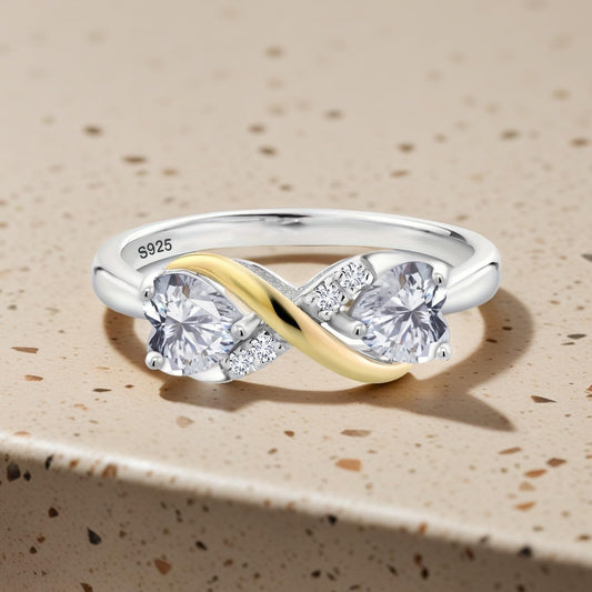 Mother and Daughter Infinity Love Ring, Two-Tone Heart-Shaped Zirconia Stone, S925 Sterling Silver, Diamond Accent