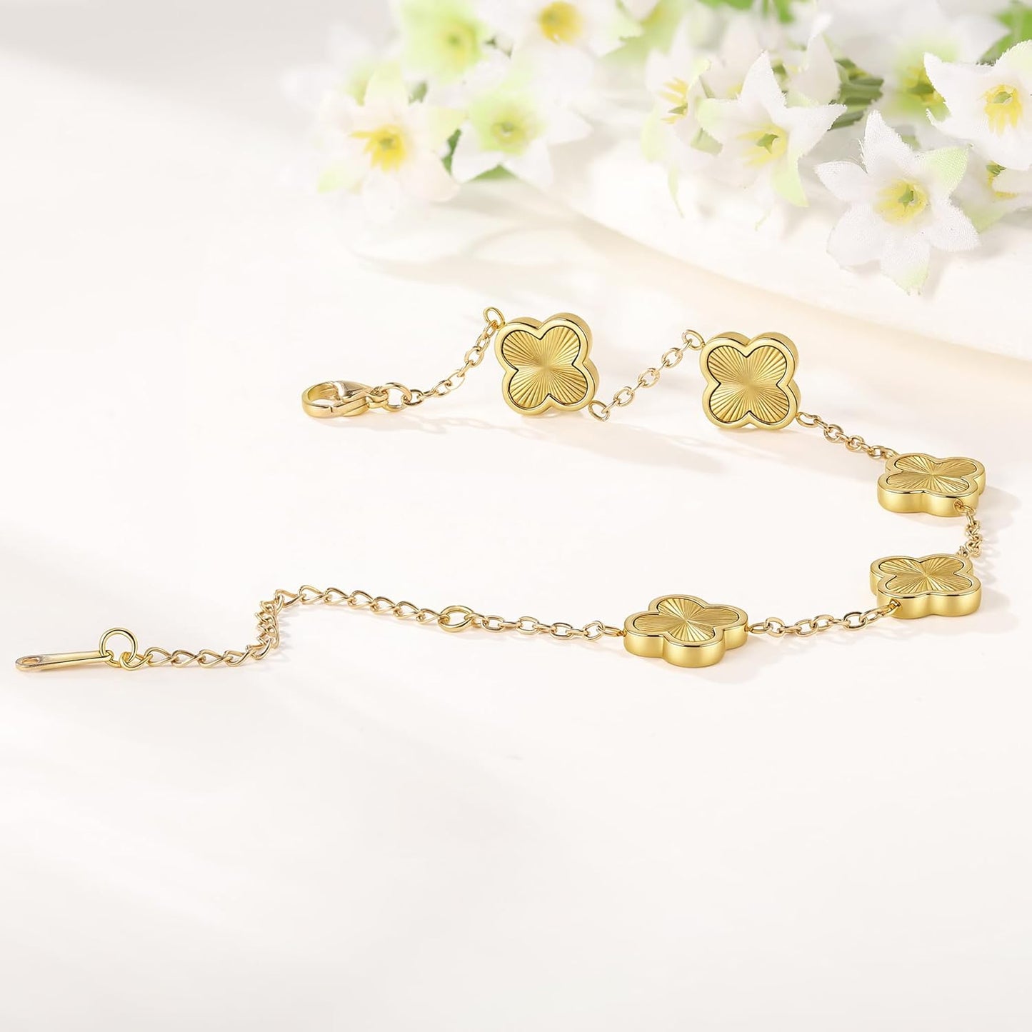 (Sturdy Version) 18K Gold Plated Bracelets for Women Men (Double Sided) Four Leaf Clover Cute Trendy Lucky Braclet (Adjustable) Fit Wrist within 8 Inch, Gold White Black Green Blue Red Pink