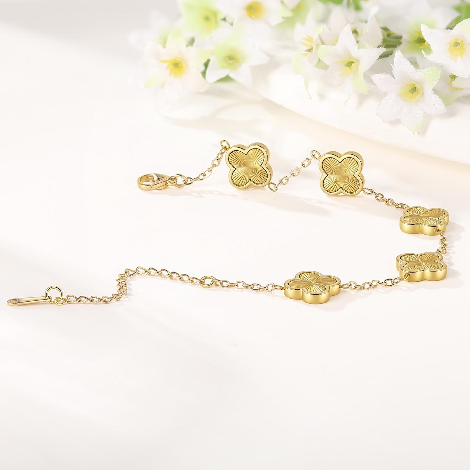 (Sturdy Version) 18K Gold Plated Bracelets for Women Men (Double Sided) Four Leaf Clover Cute Trendy Lucky Braclet (Adjustable) Fit Wrist within 8 Inch, Gold White Black Green Blue Red Pink