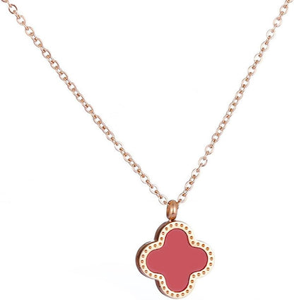 Reversible Clover Pendant Necklace – Titanium Steel Gold Chain – Black & Red Enamel – Four Leaf Lucky Charm Jewelry for Women